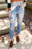 Street Solid Color Ripped Distressed Mid Waist Straight Denim Jeans