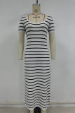 Casual Stripe Weave Contrast U Neck Short Sleeve Short Sleeve Dress