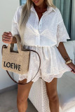 Casual Solid Color Embroidered Hollow Out Turndown Collar Loose Rompers