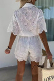 Casual Solid Color Embroidered Hollow Out Turndown Collar Loose Rompers