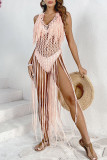 Sexy Vacation Solid Color Hollow Out Lace Up Tassel Swimwears Cover Up