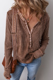 Casual Solid Color Plaid Buttons Patchwork V Neck Tops