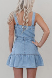 Casual Solid Color Pocket Buttons Ruffle Square Neck Sleeveless Denim Dresses