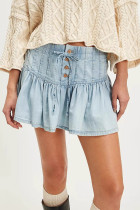 Casual Solid Color Distressed Buckle Flounce High Waist Type A Solid Color Bottoms