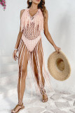 Sexy Vacation Solid Color Hollow Out Lace Up Tassel Swimwears Cover Up