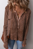 Casual Solid Color Plaid Buttons Patchwork V Neck Tops
