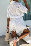 Casual Solid Color Embroidered Hollow Out Turndown Collar Loose Rompers