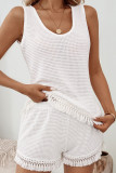 Casual Solid Color Tassel O Neck Sleeveless Two Pieces
