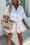 Casual Solid Color Embroidered Hollow Out Turndown Collar Loose Rompers