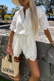 Casual Solid Color Embroidered Hollow Out Turndown Collar Loose Rompers