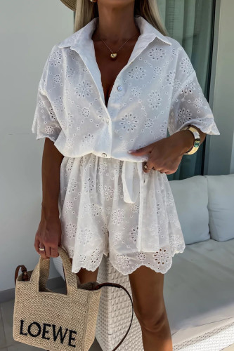 Casual Solid Color Embroidered Hollow Out Turndown Collar Loose Rompers