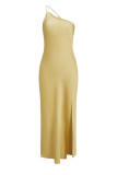 Sexy Solid Color Backless Slit Sloping Shoulder Long Dresses