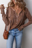 Casual Solid Color Plaid Buttons Patchwork V Neck Tops