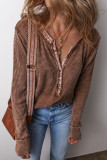 Casual Solid Color Plaid Buttons Patchwork V Neck Tops