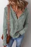 Casual Solid Color Plaid Buttons Patchwork V Neck Tops