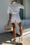 Casual Solid Color Embroidered Hollow Out Turndown Collar Loose Rompers