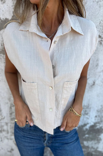 Casual Solid Color Pocket Buttons Turndown Collar Tops