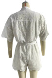 Casual Solid Color Embroidered Hollow Out Turndown Collar Loose Rompers