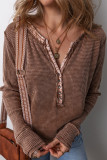 Casual Solid Color Plaid Buttons Patchwork V Neck Tops