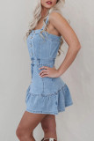 Casual Solid Color Pocket Buttons Ruffle Square Neck Sleeveless Denim Dresses