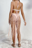 Sexy Vacation Solid Color Hollow Out Lace Up Tassel Swimwears Cover Up