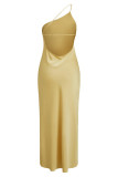 Sexy Solid Color Backless Slit Sloping Shoulder Long Dresses