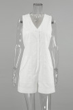 Casual Solid Color Pocket Buttons V Neck Loose Rompers