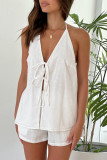 Casual Solid Color Lace Up Backless Halter Sleeveless Two Pieces