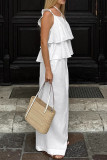 Casual Solid Color Pocket Ruffle Strap Design U Neck Short Sleeve Two Pieces
