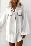 Casual Solid Color Pocket Patchwork Contrast Turndown Collar Long Sleeve Two Pieces
