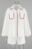 Casual Solid Color Pocket Patchwork Contrast Turndown Collar Long Sleeve Two Pieces