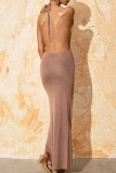 Sexy Solid Color Lace Up Backless Slit Halter Evening Dresses