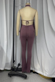 Sexy Solid Color Lace Up Backless Halter Sleeveless Two Pieces