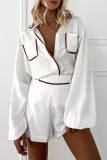 Casual Solid Color Pocket Patchwork Contrast Turndown Collar Long Sleeve Two Pieces