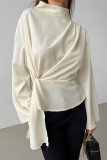 Casual Solid Color Lace Up Mandarin Collar Tops