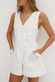 Casual Solid Color Pocket Buttons V Neck Loose Rompers