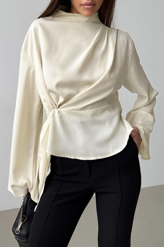 Casual Solid Color Lace Up Mandarin Collar Tops
