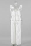 Casual Solid Color Pocket Ruffle Strap Design U Neck Short Sleeve Two Pieces