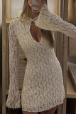 Sexy Solid Color Lace Buttons Mandarin Collar Lace Dress Dresses