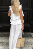 Casual Solid Color Pocket Ruffle Strap Design U Neck Short Sleeve Two Pieces