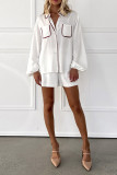 Casual Solid Color Pocket Patchwork Contrast Turndown Collar Long Sleeve Two Pieces