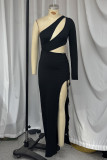 Sexy Solid Color Hollow Out Slit Irregular Sloping Shoulder Irregular Dresses