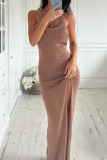 Sexy Solid Color Lace Up Backless Slit Halter Evening Dresses