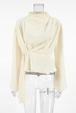 Casual Solid Color Lace Up Mandarin Collar Tops
