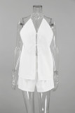Casual Solid Color Lace Up Backless Halter Sleeveless Two Pieces
