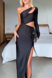 Sexy Solid Color Hollow Out Slit Irregular Sloping Shoulder Irregular Dresses