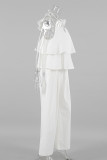 Casual Solid Color Pocket Ruffle Strap Design U Neck Short Sleeve Two Pieces