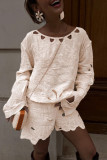 Casual Solid Color Embroidered Hollow Out O Neck Long Sleeve Two Pieces
