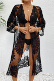 Sexy Solid Color Lace Lace Up Embroidery Swimwears Cover Up