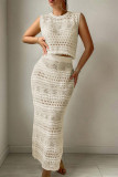 Sexy Solid Color Hollow Out O Neck Sleeveless Two Pieces